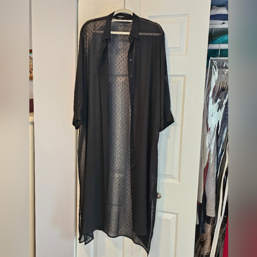 Express Black Sheer - with Knit Accents - Long Button-Up Duster NWOT